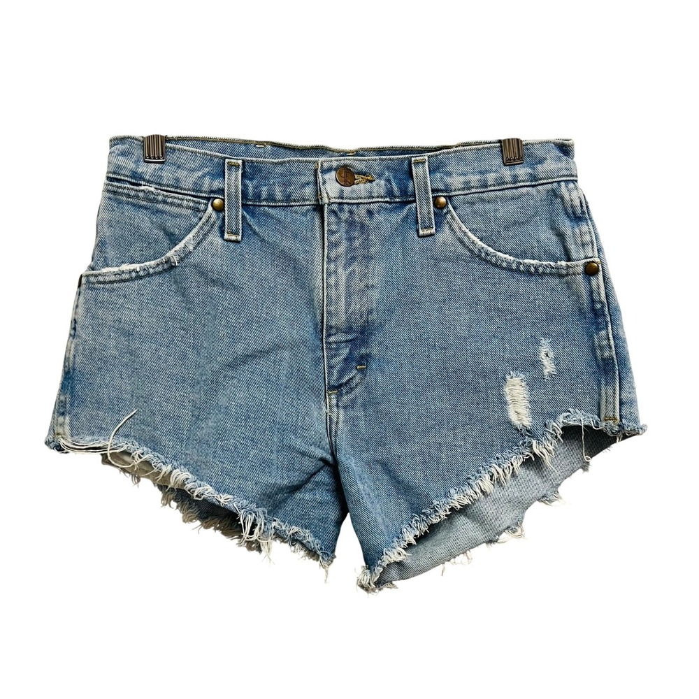 Wrangler Denim Shorts Womens 28 Blue Distressed Frayed Cut Off High Waisted Boho